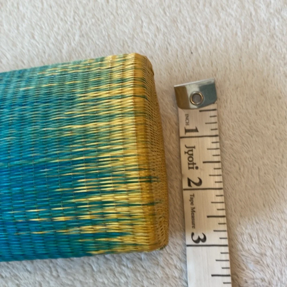 John Carlo Creations snakeskin and ombré turquoise to yellow raffia clutch